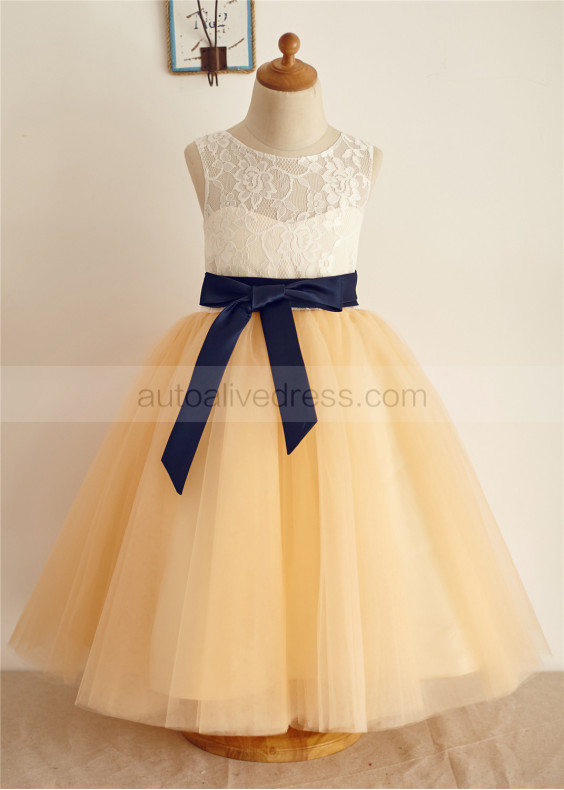 Ivory Lace Champagne Tulle Tea Length Flower Girl Dress